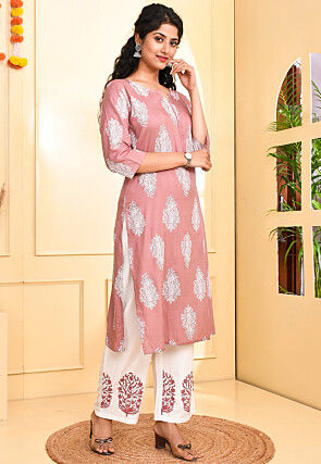 Ikat Printed Rayon Pakistani Suit in Old Rose