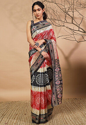 Ikat Printed Tissue Saree in Red and Black