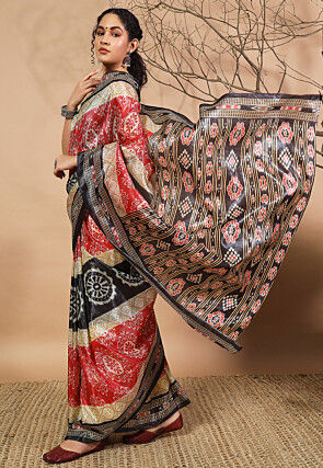 Ikat Printed Tissue Saree in Red and Black