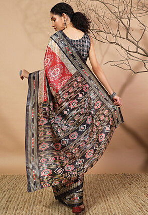 Ikat Printed Tissue Saree in Red and Black