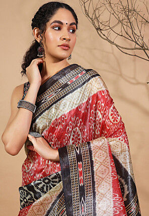 Ikat Printed Tissue Saree in Red and Black