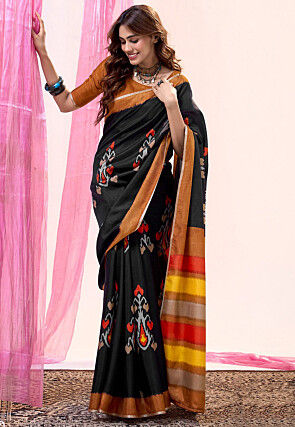 Ikat Printed Tussar Silk Saree in Black