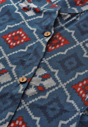 Ikat Printed Viscose Rayon A Line Kurta in Navy Blue