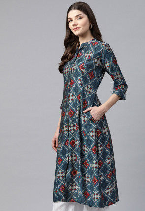Ikat Printed Viscose Rayon A Line Kurta in Navy Blue