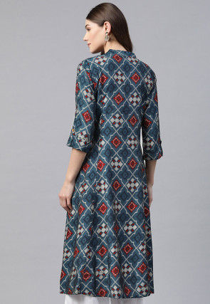 Ikat Printed Viscose Rayon A Line Kurta in Navy Blue