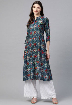 Ikat Printed Viscose Rayon A Line Kurta in Navy Blue
