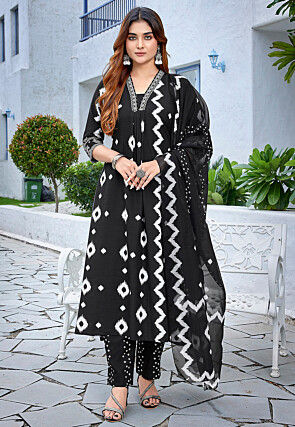 Ikat Printed Viscose Silk A Line Suit in Black