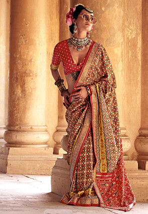 Ikat Printed Viscose Silk Saree in Brown and Beige