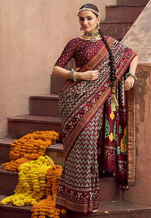 Ikat Printed Viscose Silk Saree in Grey and Maroon