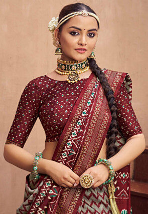 Ikat Printed Viscose Silk Saree in Grey and Maroon