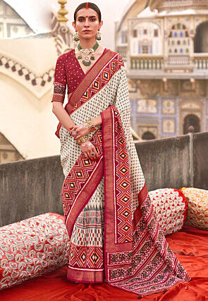Ikat Printed Viscose Silk Saree in Off White