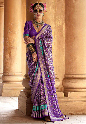 Ikat Printed Viscose Silk Saree in Purple