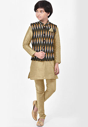 Ikat Woven Art Silk Kurta Jacket Set in Beige