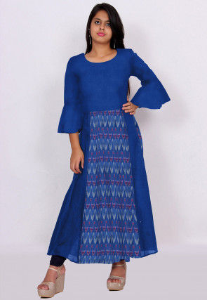 Ikat Woven Cotton Anarkali Kurta in Dark Blue