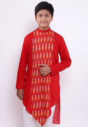 Ikat Woven Cotton Asymmetric Kurta in Red