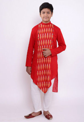 Ikat Woven Cotton Asymmetric Kurta in Red