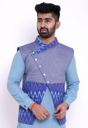 Ikat Woven Cotton Asymmetric Nehru Jacket in Blue