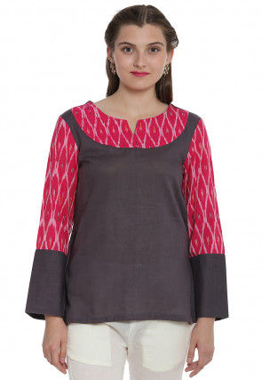 Ikat Woven Cotton Asymmetric Top in Dark Grey and Fuchsia