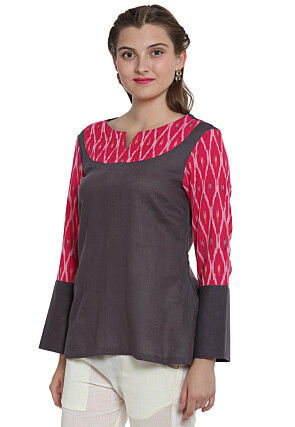 Ikat Woven Cotton Asymmetric Top in Dark Grey and Fuchsia