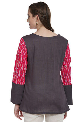 Ikat Woven Cotton Asymmetric Top in Dark Grey and Fuchsia