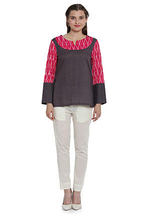 Ikat Woven Cotton Asymmetric Top in Dark Grey and Fuchsia