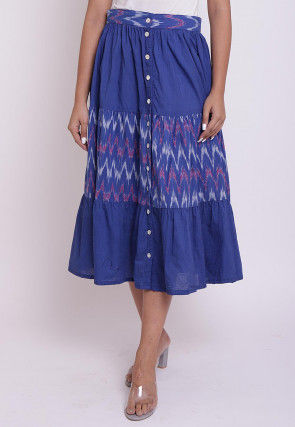 Ikat woven Cotton Front Open Skirt in Blue