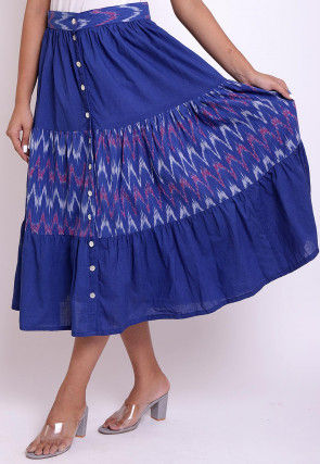 Ikat woven Cotton Front Open Skirt in Blue