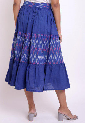 Ikat woven Cotton Front Open Skirt in Blue