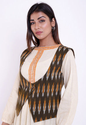 Ikat Woven Cotton Jacket in Olive Green