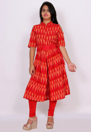 Ikat Woven Cotton Kurta Set in Red