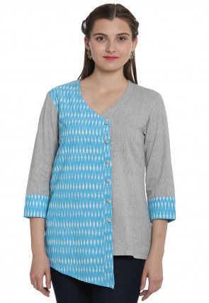 Ikat Woven Cotton Linen Top in Turquoise and Grey