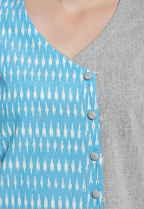 Ikat Woven Cotton Linen Top in Turquoise and Grey