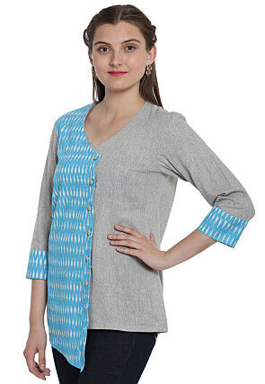 Ikat Woven Cotton Linen Top in Turquoise and Grey
