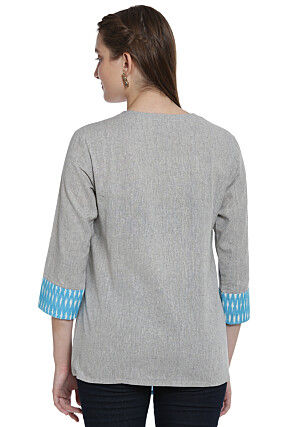 Ikat Woven Cotton Linen Top in Turquoise and Grey