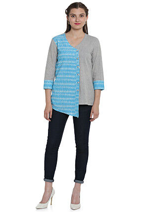 Ikat Woven Cotton Linen Top in Turquoise and Grey