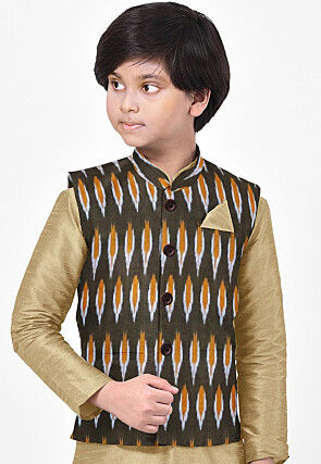 Ikat Woven Cotton Nehru Jacket in Dark Green