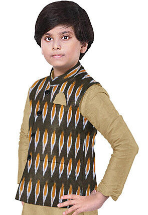 Ikat Woven Cotton Nehru Jacket in Dark Green