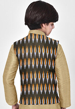 Ikat Woven Cotton Nehru Jacket in Dark Green