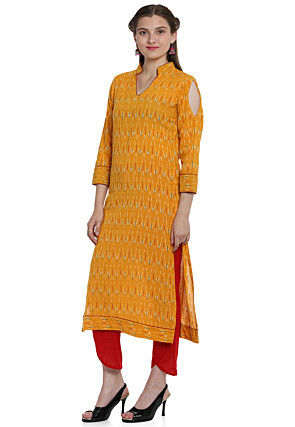 Ikat Woven Cotton Pakistani Suit in Mustard