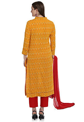Ikat Woven Cotton Pakistani Suit in Mustard