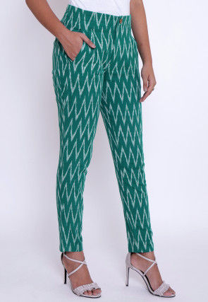 Ikat Woven Cotton Pant in Teal Green