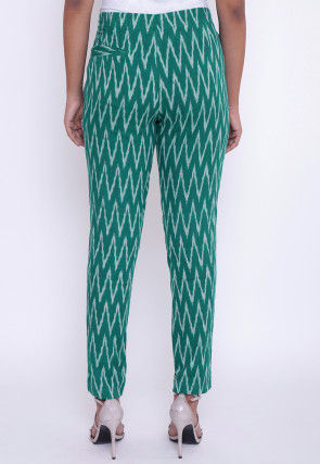 Ikat Woven Cotton Pant in Teal Green