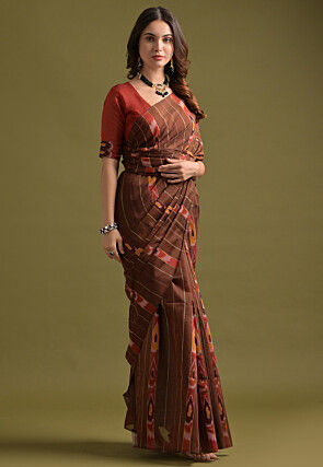 Ikat Woven Cotton Saree in Brown