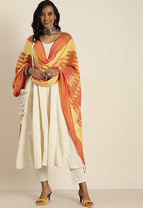 Ikat Woven Cotton Silk Dupatta in Orange and Yellow