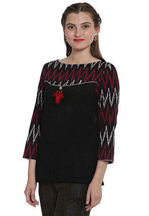 Ikat Woven Cotton Top in Black