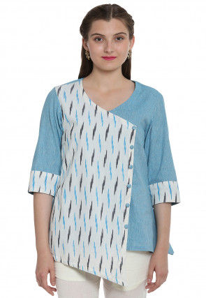 Ikat Woven Cotton Top in White and Sky Blue