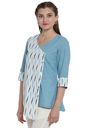 Ikat Woven Cotton Top in White and Sky Blue