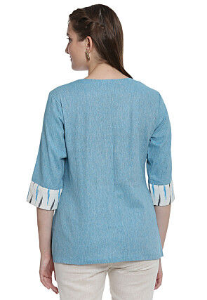 Ikat Woven Cotton Top in White and Sky Blue