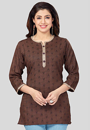 Ikat Woven Rayon Straight Kurti in Brown