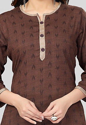 Ikat Woven Rayon Straight Kurti in Brown